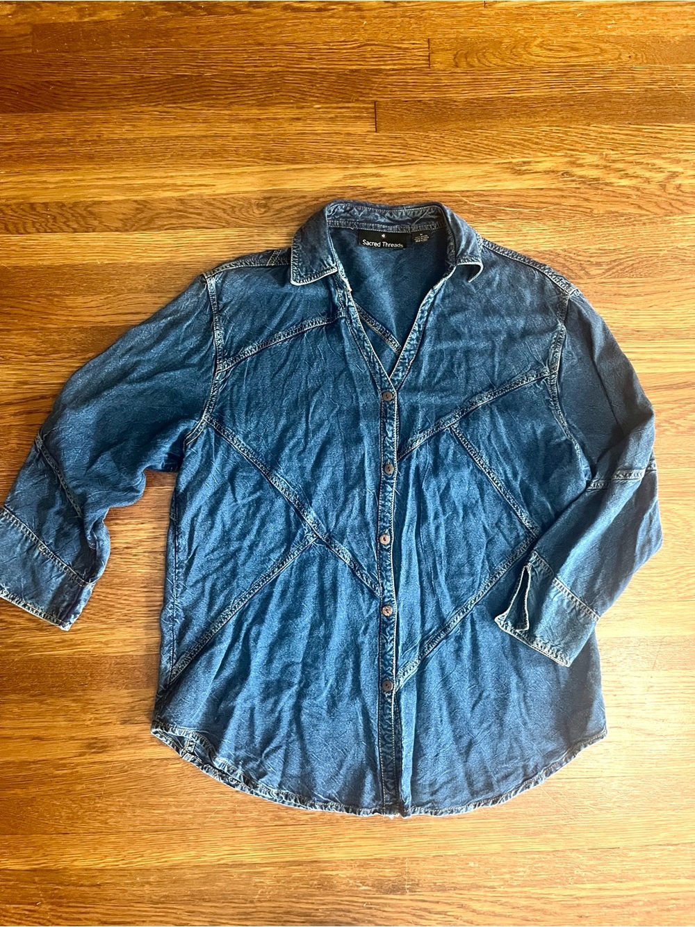 Sacred Threads M rayon denim-look shirt patchwork boho coastal button up